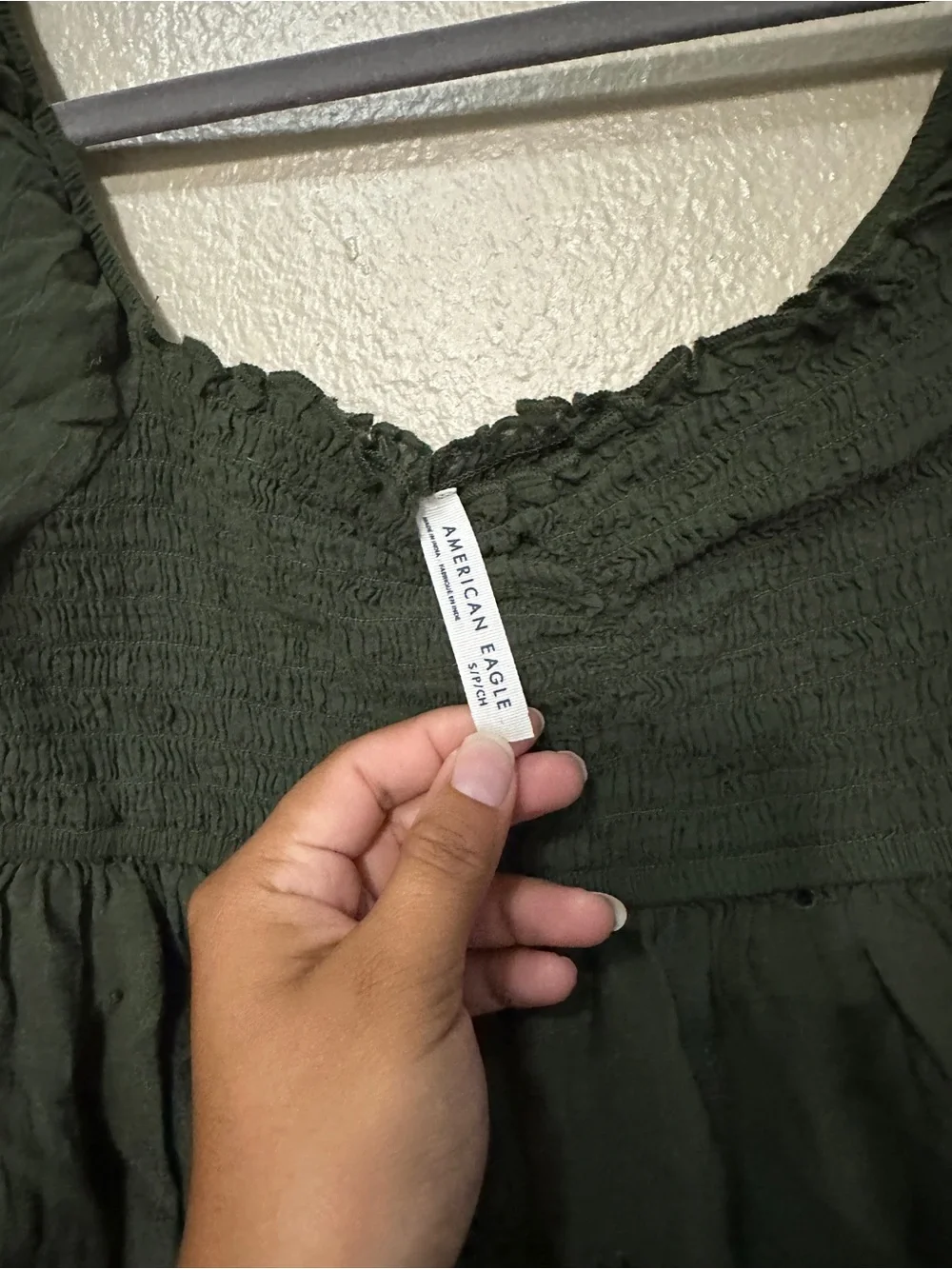 American Eagle Outfitters Olive Green Smocked Eyelet Peasant Top